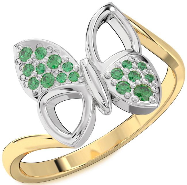 Emerald Gold Silver Butterfly Ring
