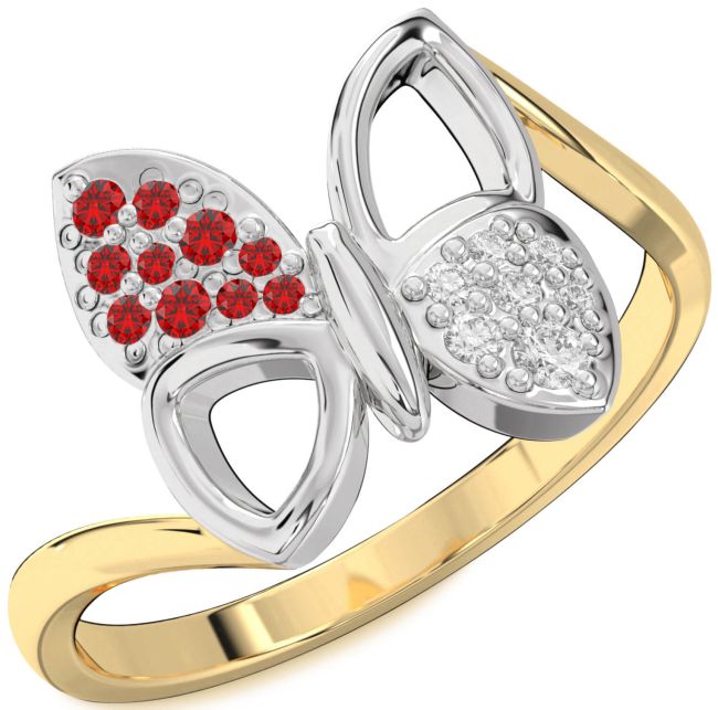 Diamond & Ruby Gold Silver Butterfly Ring