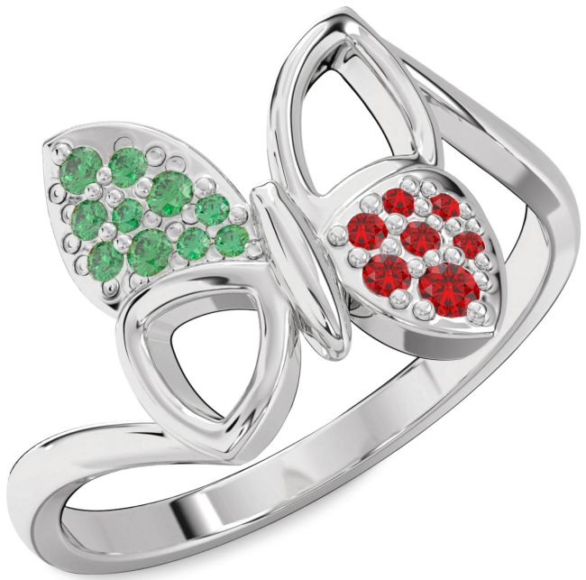 Emerald & Ruby Silver Butterfly Ring