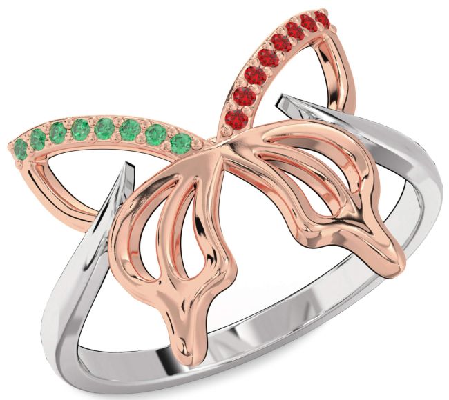 Emerald & Ruby Silver & 10K Rose Gold Butterfly Ring