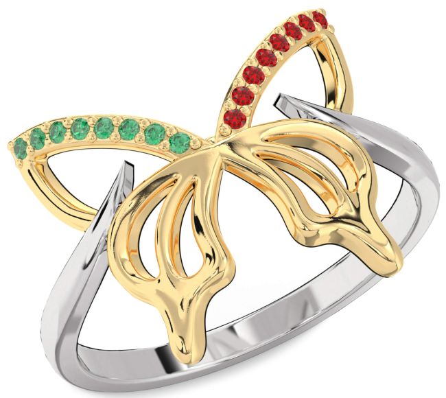 Emerald & Ruby Silver & 10K gold Butterfly Ring