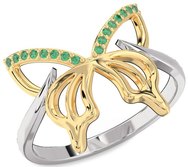 Emerald Gold Silver Butterfly Ring