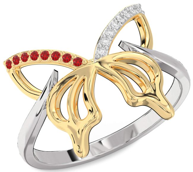 Diamond & Ruby Gold Silver Butterfly Ring