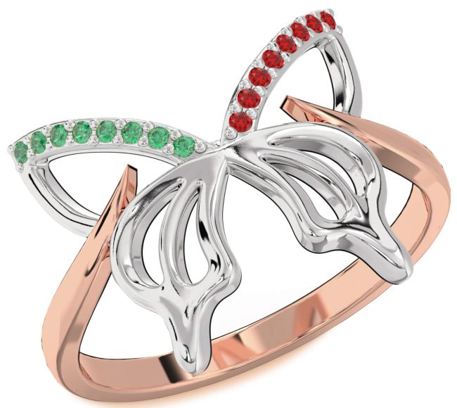 Emerald & Ruby Rose Gold Silver Butterfly Ring