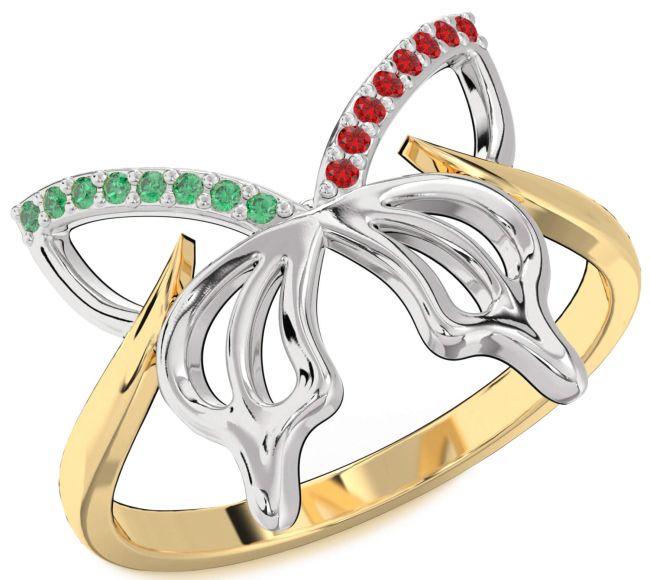 Emerald & Ruby Gold Silver Butterfly Ring