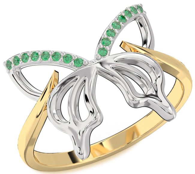 Emerald Gold Silver Butterfly Ring
