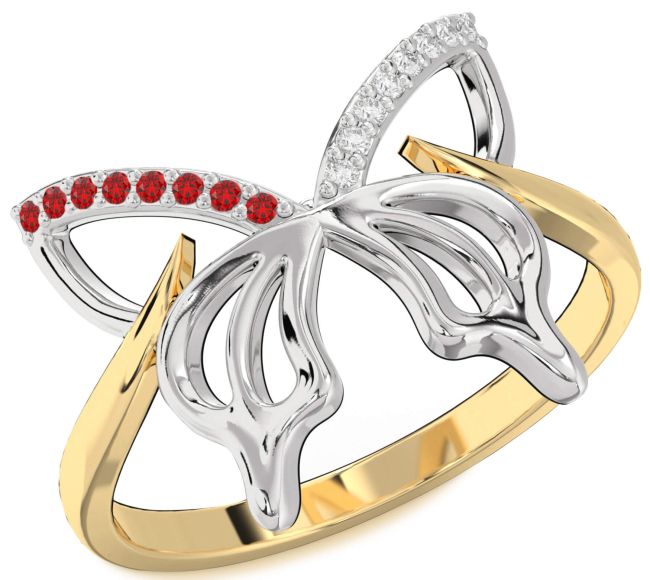 Diamond & Ruby Gold Silver Butterfly Ring