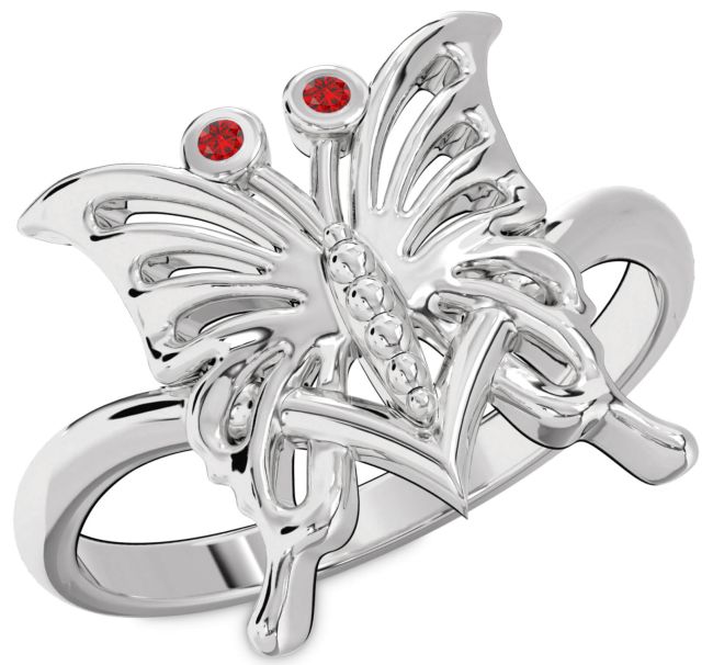 Ruby Silver Butterfly Round Two Stone Birthstone Ring