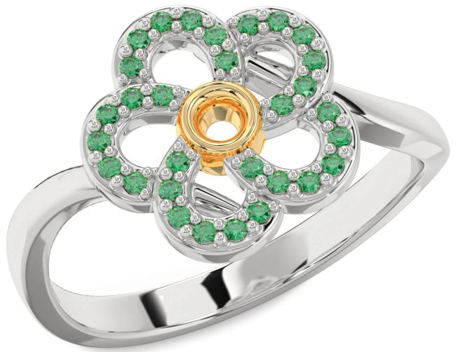 Emerald Silver & 10K gold Flower Ring
