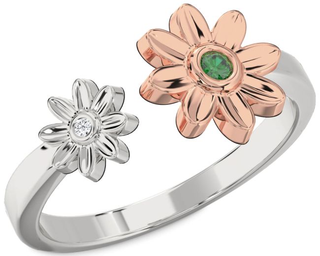 Diamond Emerald Platinum & Rose Gold Daisy Flower Ring
