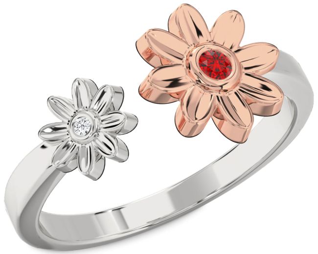 Diamond Ruby White Rose Gold Daisy Flower Ring