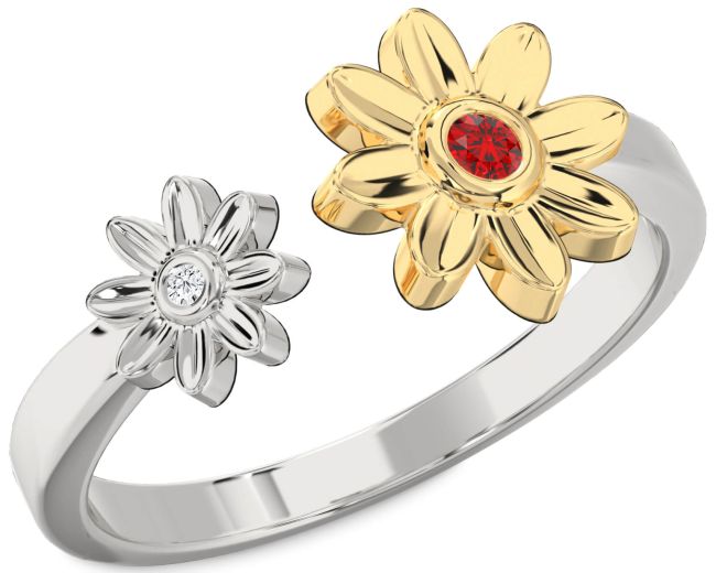 Diamond Ruby Gold Silver Daisy Flower Ring