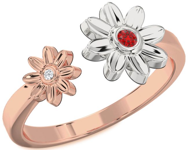Diamond Ruby Rose Gold Silver Daisy Flower Ring
