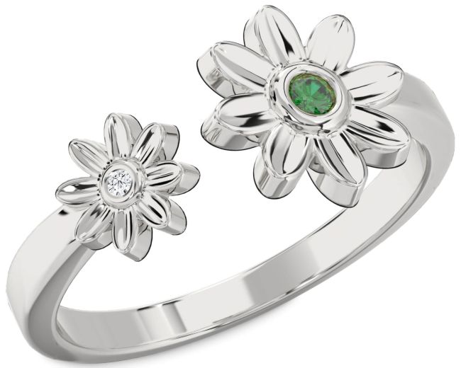 Diamond Emerald Silver Daisy Flower Ring