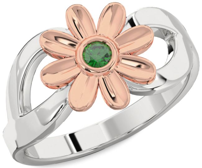 Emerald Silver & 10K Rose Gold Daisy Flower Ring