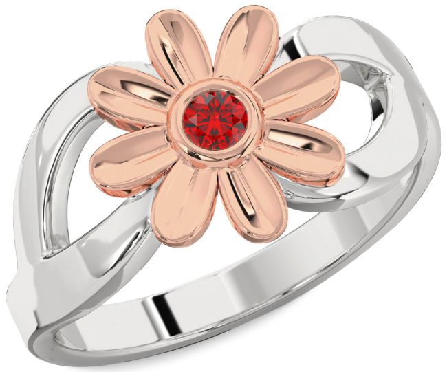 Ruby White Rose Gold Daisy Flower Ring