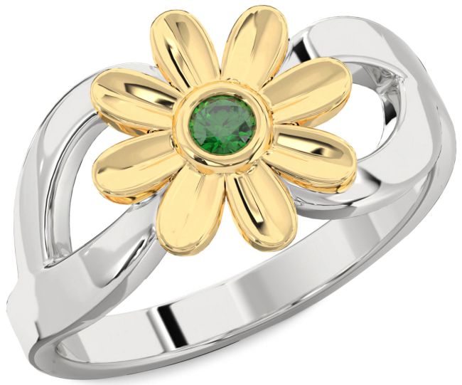 Emerald Gold Silver Daisy Flower Ring