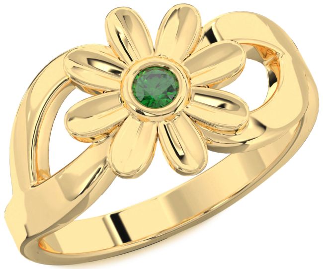 Emerald Gold Silver Daisy Flower Ring