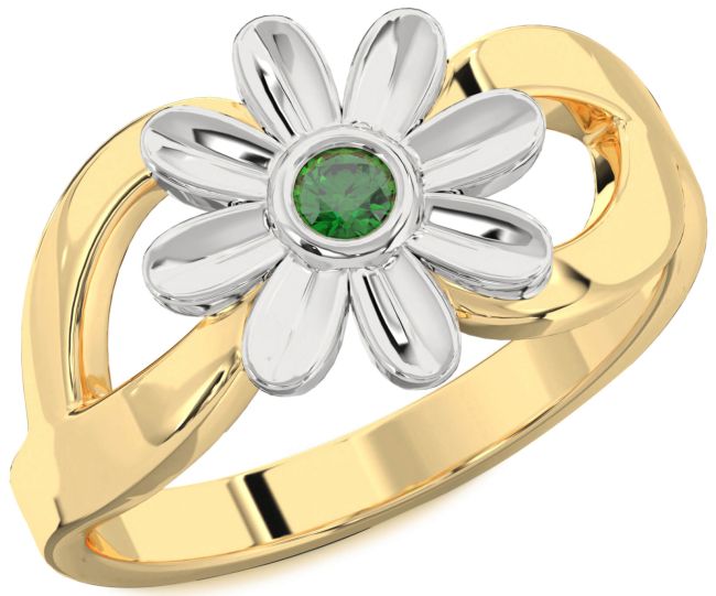 Emerald Gold Silver Daisy Flower Ring