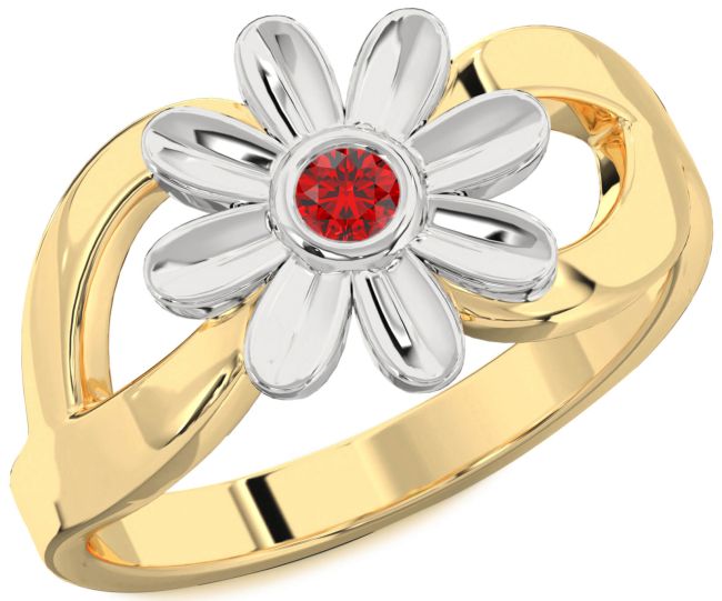 Ruby White Yellow Gold Daisy Flower Ring