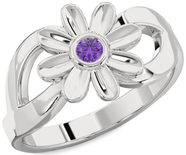 Amethyst Silver Daisy Flower Ring
