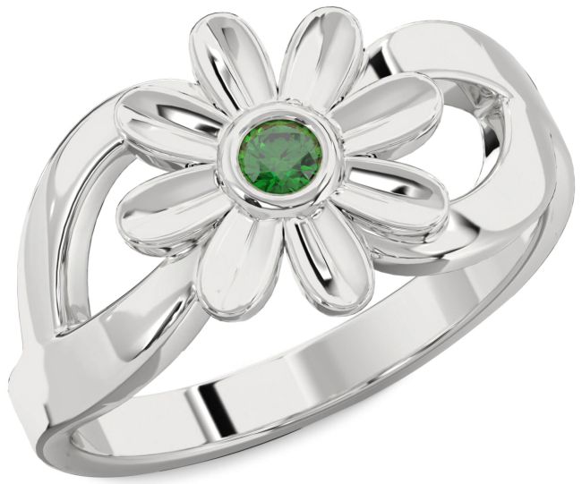Emerald Silver Daisy Flower Ring