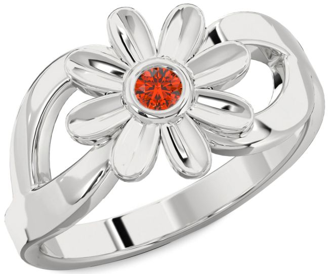Fire Opal Silver Daisy Flower Ring
