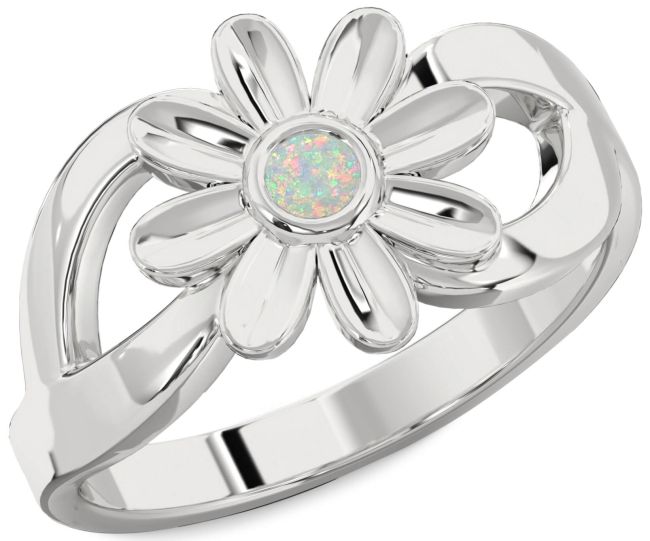 Opal Silver Daisy Flower Ring