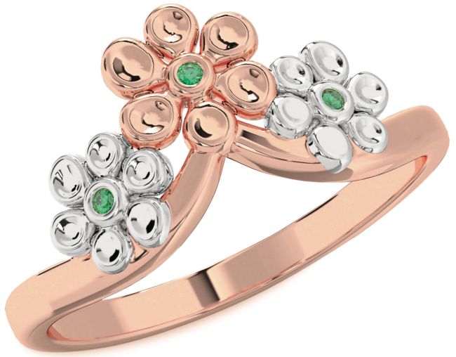 Emerald Rose Gold Silver Flower Ring