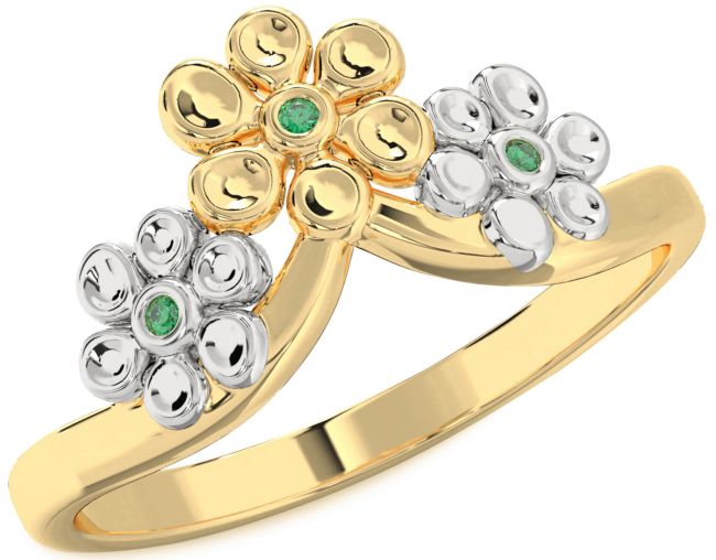 Emerald Gold Silver Flower Ring