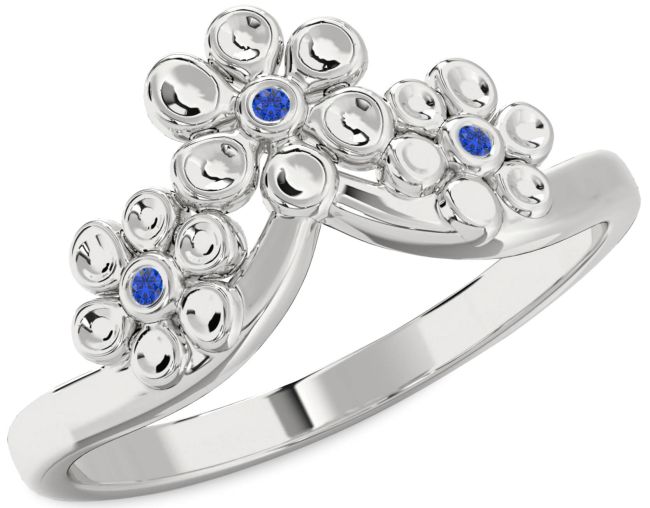 Blue Sapphire Silver Flower Ring