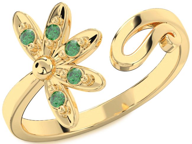 Emerald Gold Silver Daisy Flower Ring