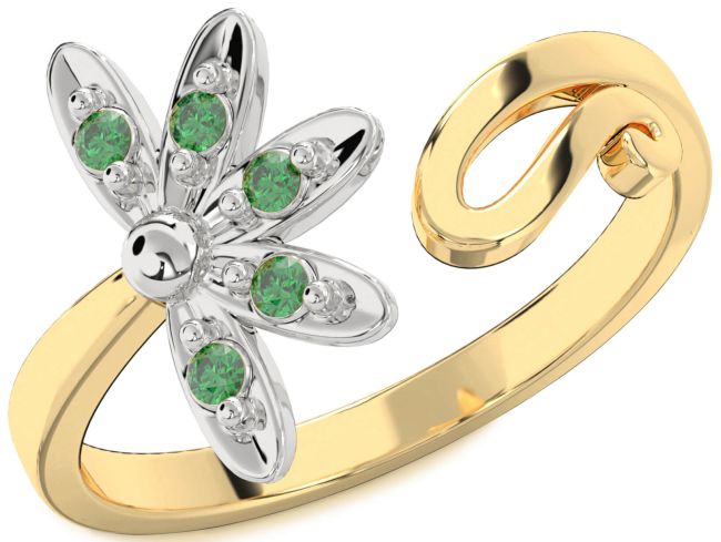 Emerald Gold Silver Daisy Flower Ring