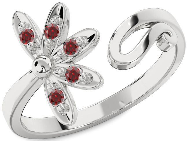 Garnet Silver Daisy Flower Ring