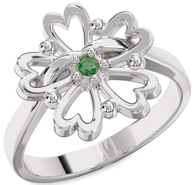 Emerald Platinum Flower Heart Ring