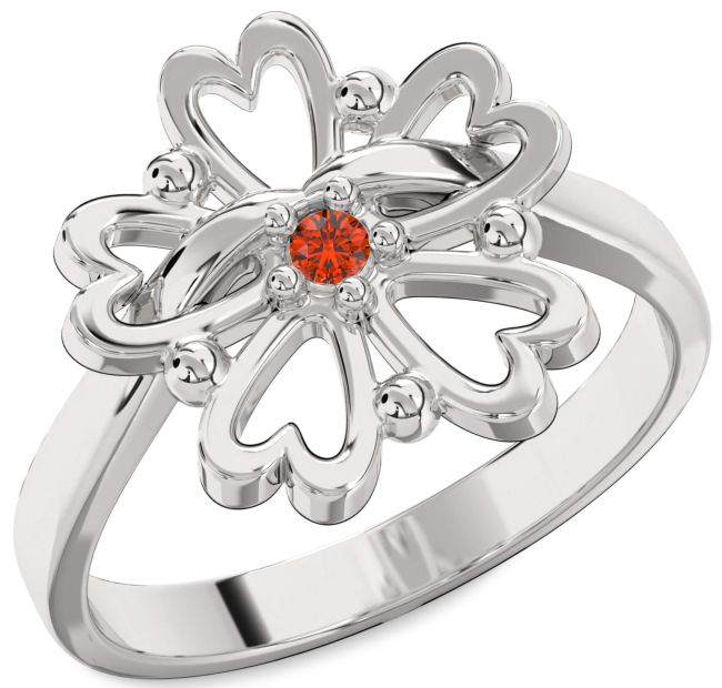 Fire Opal Silver Flower Heart Ring