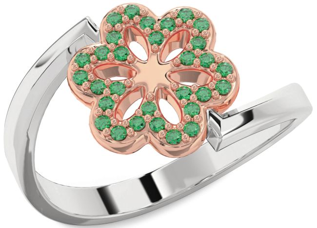 Emerald White Rose Gold Flower Ring