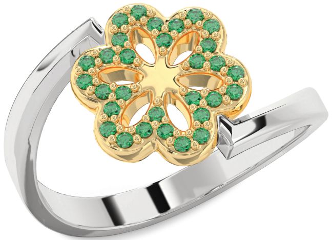 Emerald White Yellow Gold Flower Ring
