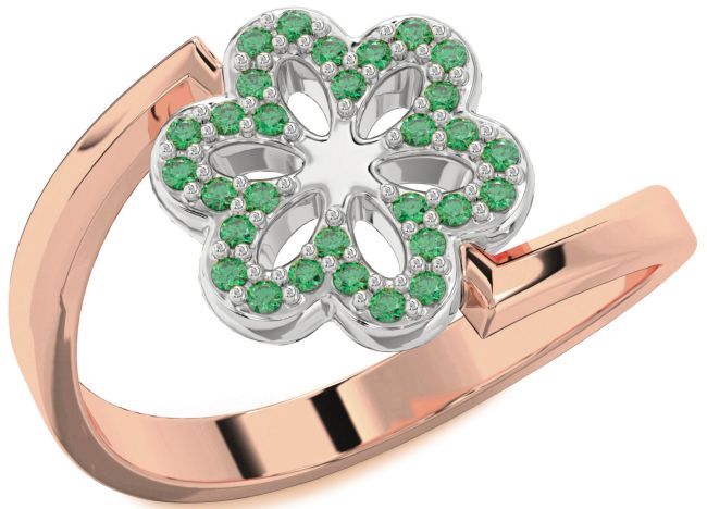 Emerald Rose Gold Silver Flower Ring