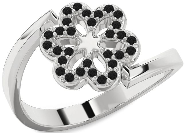 Black Diamond Silver Flower Ring