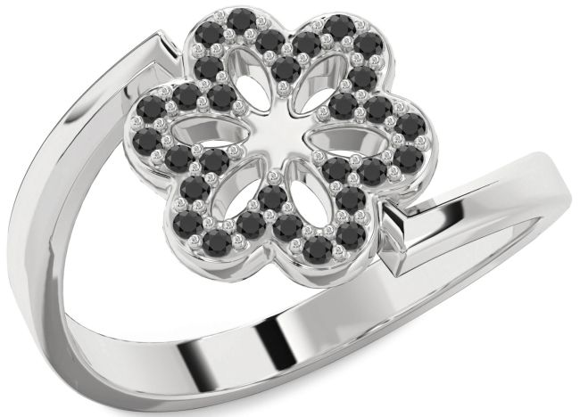 Black Onyx Silver Flower Ring