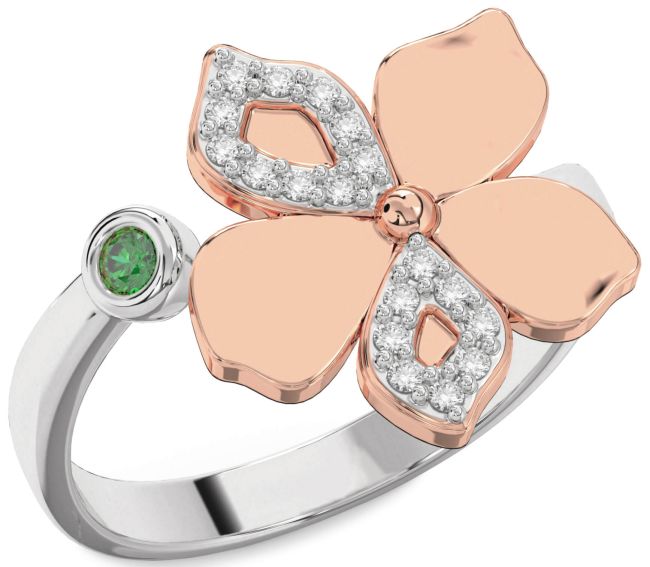 Diamond Emerald Platinum & Rose Gold Flower Ring