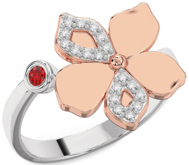 Diamond Ruby Silver & 10K Rose Gold Flower Ring
