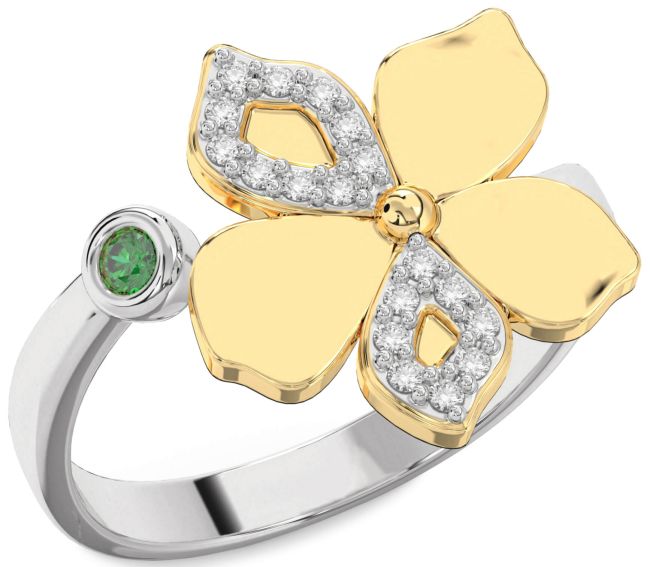 Diamond Emerald Gold Silver Flower Ring