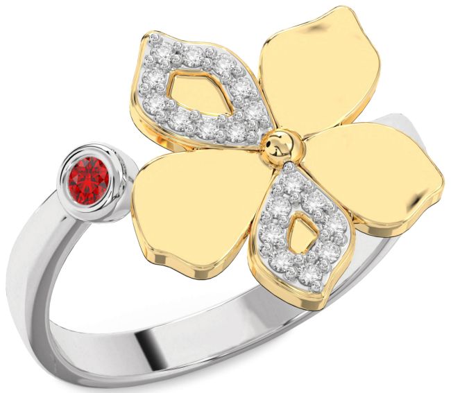 Diamond Ruby White Yellow Gold Flower Ring
