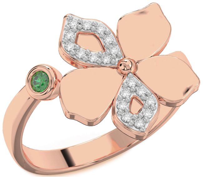 Diamond Emerald Rose Gold Silver Flower Ring