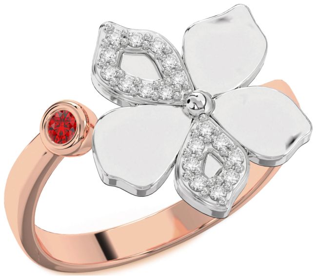 Diamond Ruby White Rose Gold Flower Ring