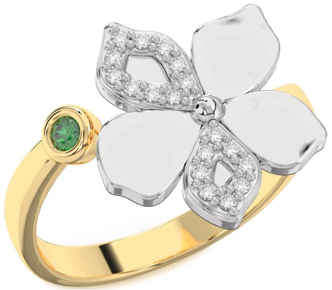 Diamond Emerald Gold Silver Flower Ring