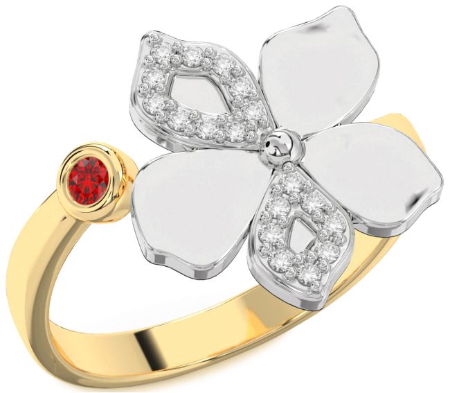 Diamond Ruby Gold Silver Flower Ring