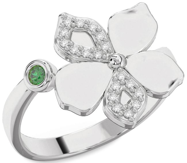 Diamond Emerald Silver Flower Ring